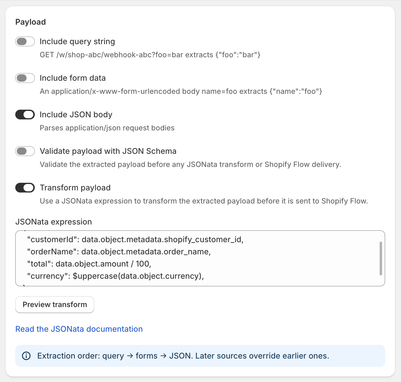 Hooklane payload transformation editor